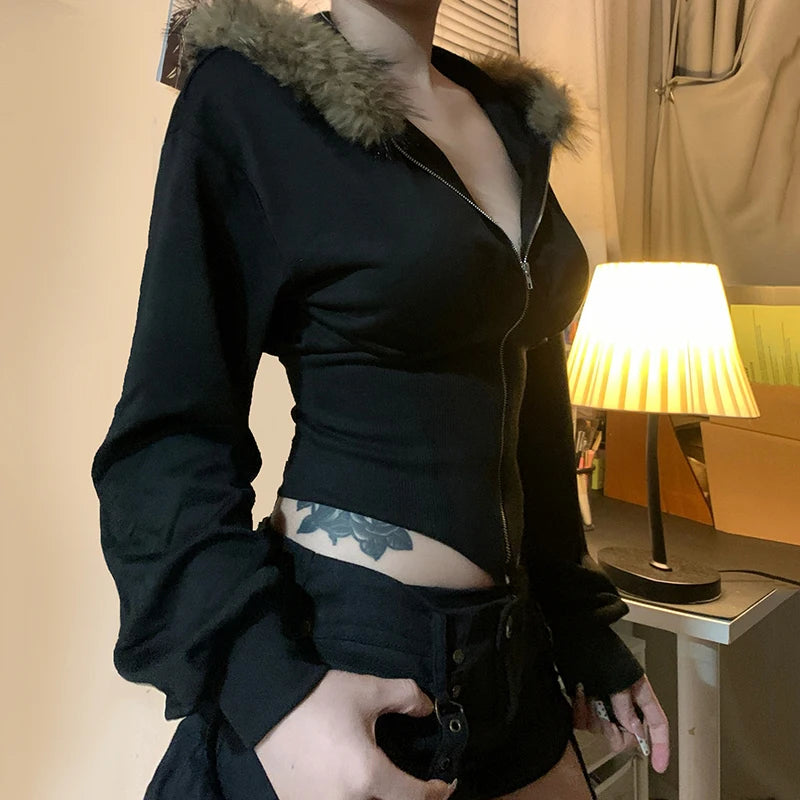 BIIKPIIK Pelzkragen Kapuzenmäntel für Damen Lässiger Reißverschluss Slim Hoodies Einfache All-match Schwarz Harajuku Mantel Herbst Winter Sweatshirts