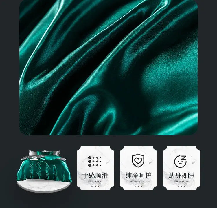 Nordic Satin Silk Bedding Set with Duvet Cover Bed Sheet Pillowcases Luxury Solid Single Double Couple Pillow Case Bedsheet