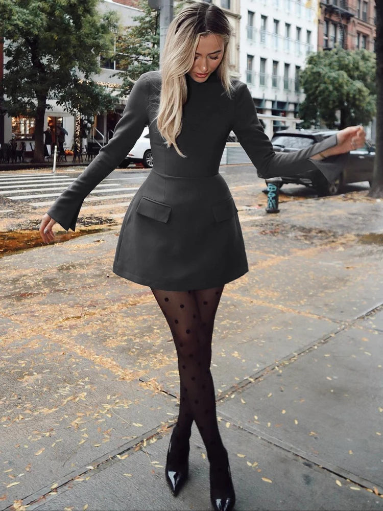 Dulzura Langarm Reißverschluss Bodycon Minikleid mit Taschen Einfarbig Elegantes Outfit Büro Streetwear Damen Herbst Winter Kleidung