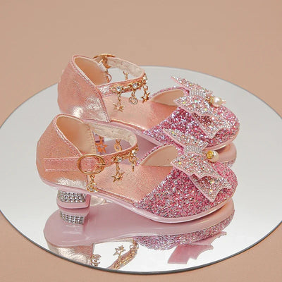 Girls Leather Shoes High Heeled for Wedding Party Glitter Rhinestone with Bow-knot Kids Dress High Heels Pendant Bling Sparkling