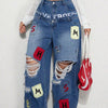European and American High Street Ripped Jeans Women Double Waist Letter Patch Wide Leg Pants Floor Mopping Pants Loose Straight