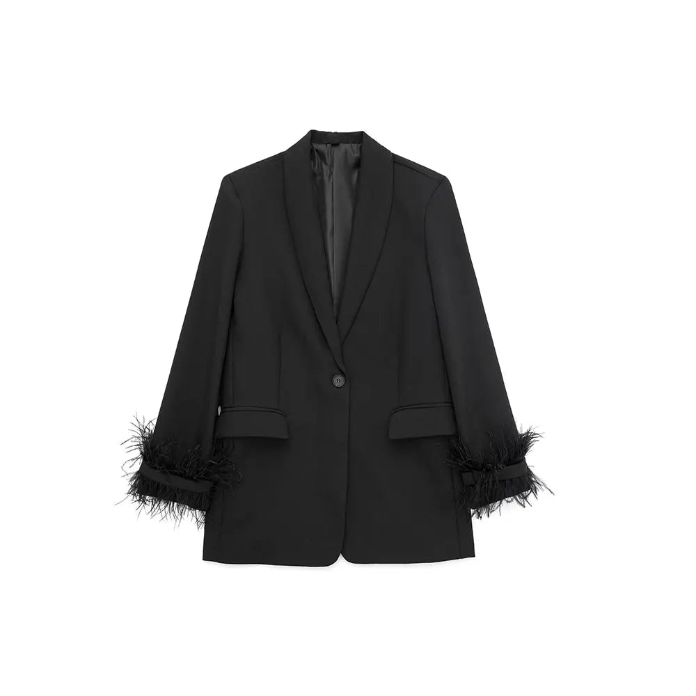 Willshela Damenmode Satin Schwarz mit Feder Blazer Jacke Vintage Kerbausschnitt Einreiher Lange Ärmel Damen Outfits