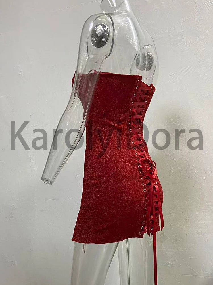 Sexy Strapless Bright Silk Lace-up Mini Dress Women Red Black Sleeveless Backelss Bodycon Dresses Evening Party Cocktail Gowns