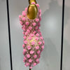 Women Luxury Pink Flowers Pearls Lace See Through Bodycon Mini Dress Birthday Photoshoot Evening Party Nightclub Stage Costume
