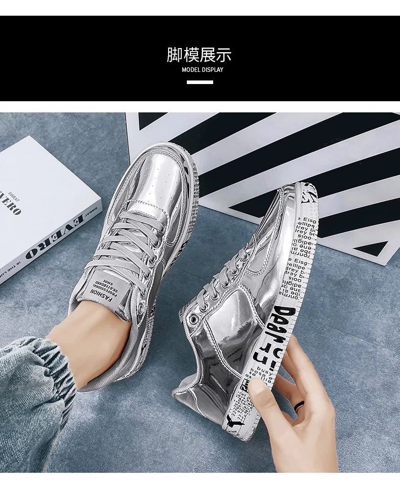 New Gold Sneakers Couple Shoes Luxury Casual Glitter Sneakers Men Hip-hop Streetwear Skateboard Shoes Men Flat Designer Footwear