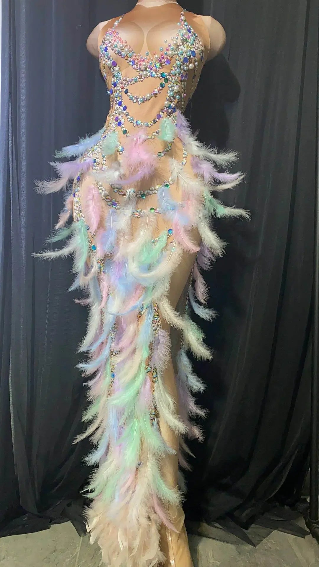 Nightclub Party Celebration Sexy Feather Rhinestone Dress Women Elastic Sleeveless Prom High Slit Dress Stage Performance Outfit