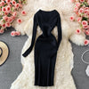 YuooMuoo Autumn Winter 2025 Women Dress Elegant Cross V-neck Slim Waist Knitted Bodycon Dress Korean Office Lady Vestidos