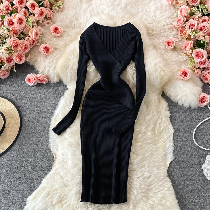 YuooMuoo Autumn Winter 2025 Women Dress Elegant Cross V-neck Slim Waist Knitted Bodycon Dress Korean Office Lady Vestidos