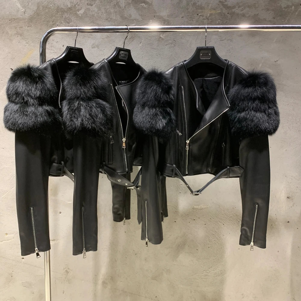 GO BALLISTIC YA Women Leather Jacket With Fur Sleeve Fashion Ladies Crop Jacket