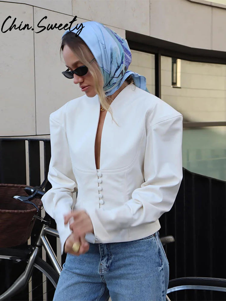 Urban White Women Blazer Coats Elegant Single Breasted V-neck Long Sleeve Female Jacket 2025 Autumn Office Lady Outwears