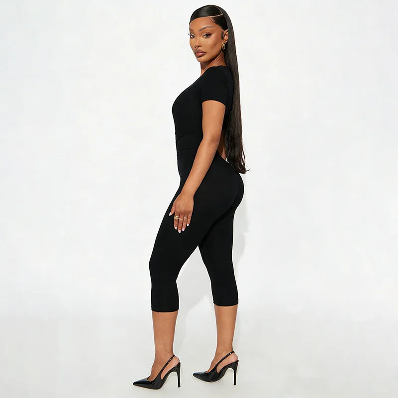 Solid Color Sexy Slim Fit and Slimming Chest U-Neck Jumpsuit, Versatile and Fashionable Jumpsuit Cropped Pants