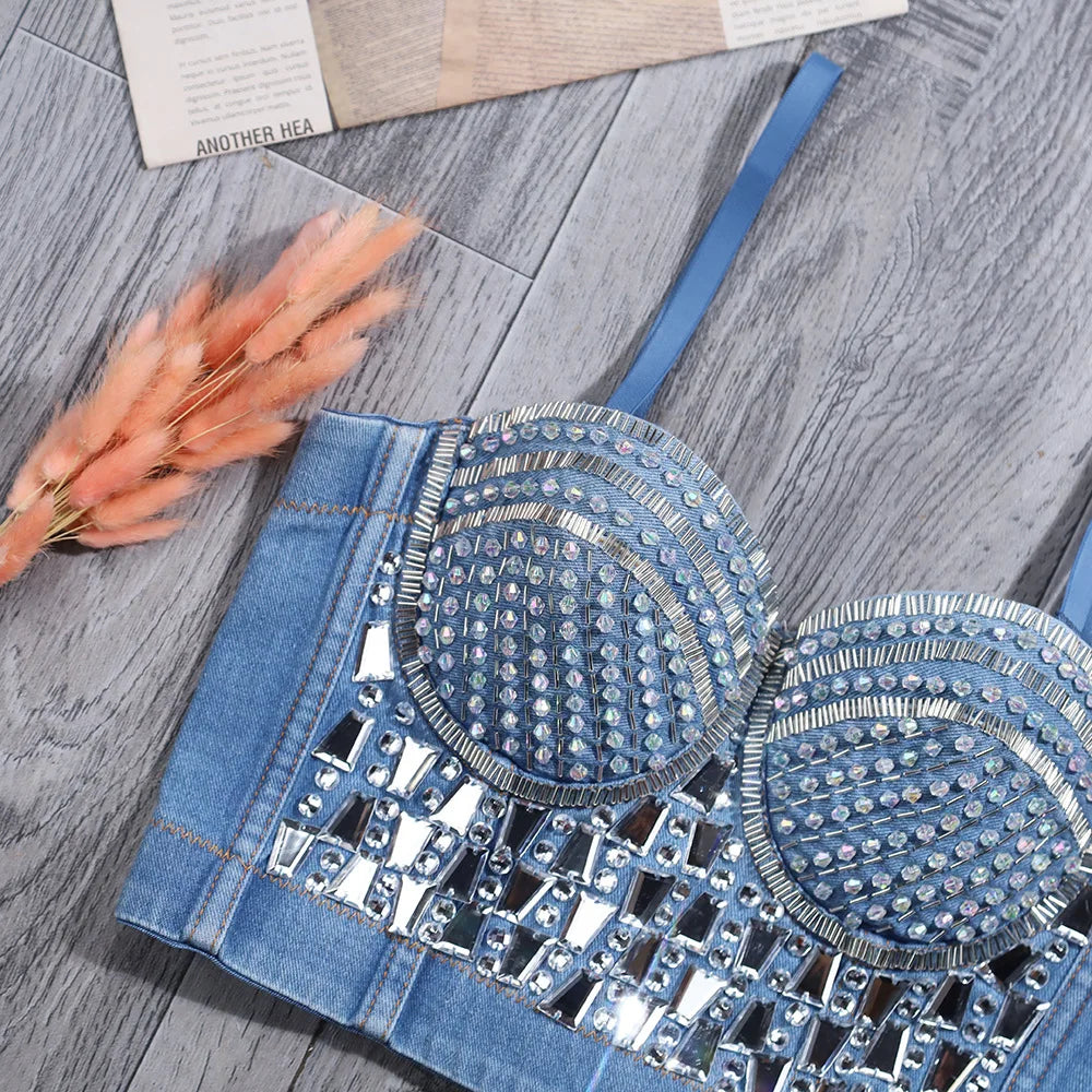 Irene Tinnie Sexy Cute Loch Cartoon Dekoration Push Up Bustier Damen Jeans Bralette Cropped Top Weste Große Größe