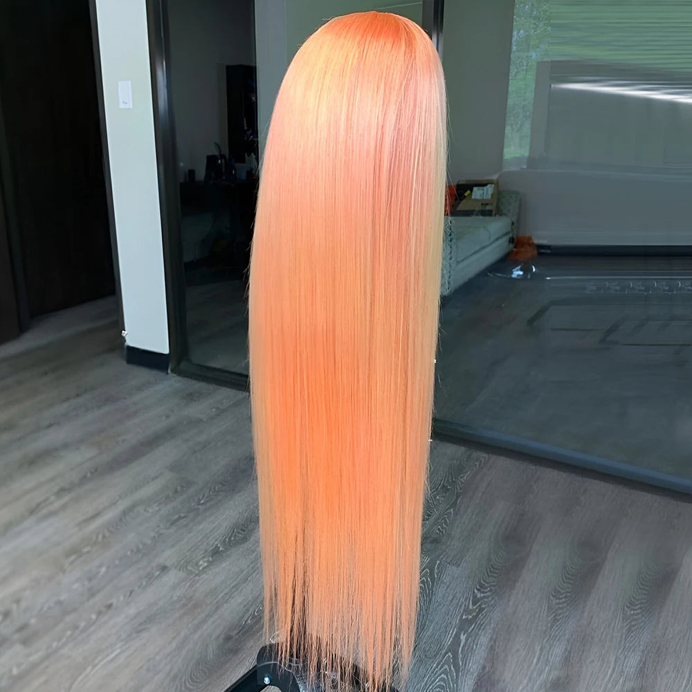 Hellorange Synthetische Lace Front Perücke Lang Glattes Haar Natürlicher Haaransatz Klebelose Perücken für Damen Alltag Cosplay Orange Perücken