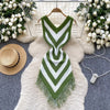 Joskaa 2025 Women's Striped Patchwork Knitted V-Neck Sleeveless Bodycon Asymmetric Fringe Hem Dress Holiday Beach Streetwear