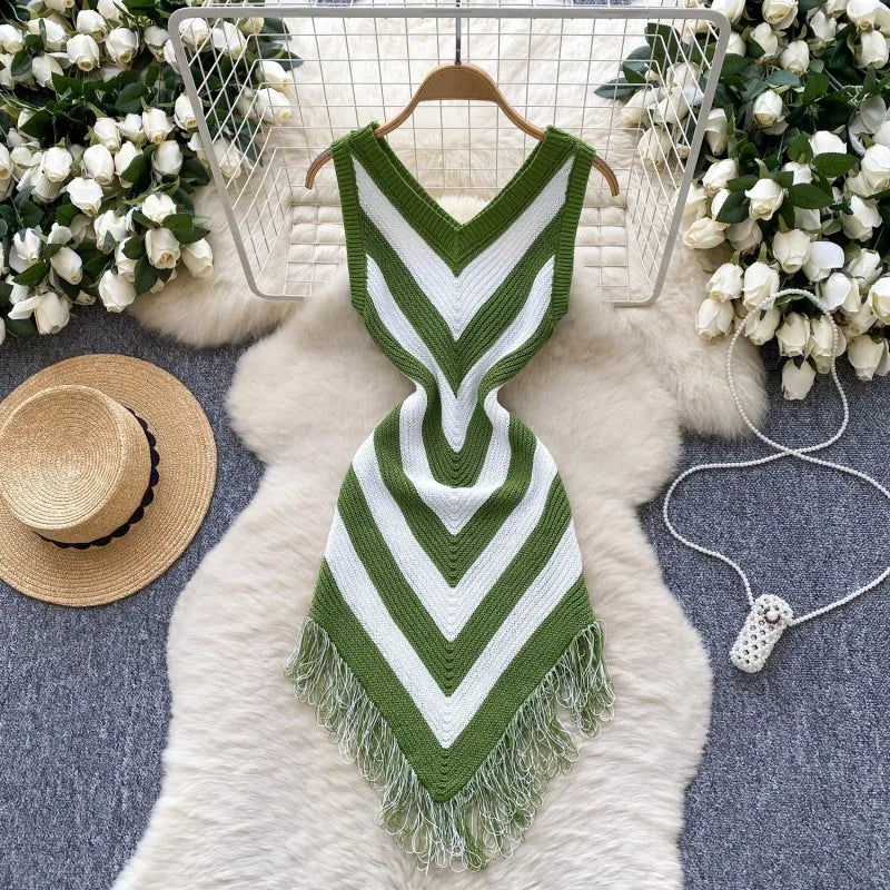 Joskaa 2025 Women's Striped Patchwork Knitted V-Neck Sleeveless Bodycon Asymmetric Fringe Hem Dress Holiday Beach Streetwear