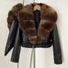 OFTBUY Natural Fox Fur Faux Leather Jacket Female New Autumn Short Top Clothing Women Long Sleeve Fake Leather Real Fur Coat