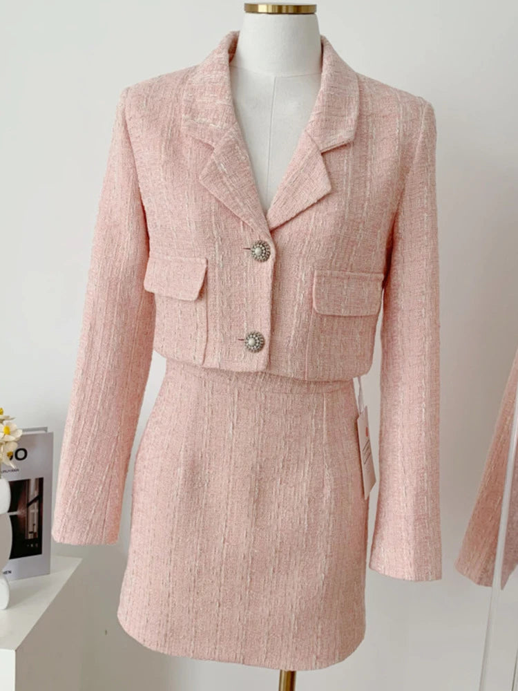 Elegant Fashion Pink Tweed Suit Women's Autumn 2023 Y2k High Quality Blazer Coat+Bag Hip Skirt Commuting Two-Piece Set