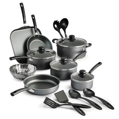 18-teiliges Kochgeschirr-Set aus antihaftbeschichtetem Edelstahl, graue Innenseite, Glasdeckel, spülmaschinenfest, Gas-/Elektro-/Keramik-kompatibel, genietet