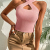 Summer New Women Heart Criss Cross Ribbed Knit Sleeveless Halter Crossfit Y2K Crop Top Clothes Femme Sexy Casual Backless Tank