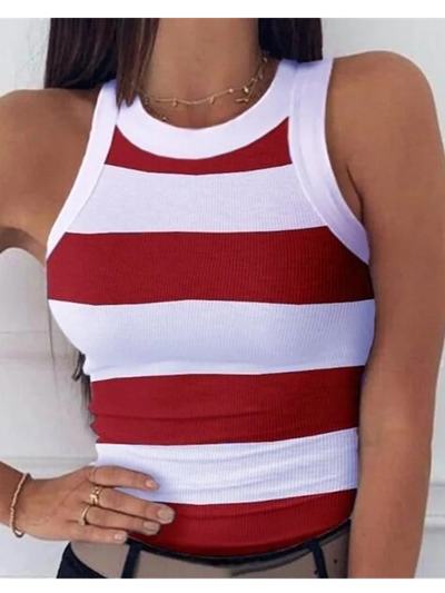 Summer Basic Elastic Tank Top Digital Printing T-shirt Women's O Neck Racerback Sexy Tank Top Stripe Print Sleeveless Tank Top