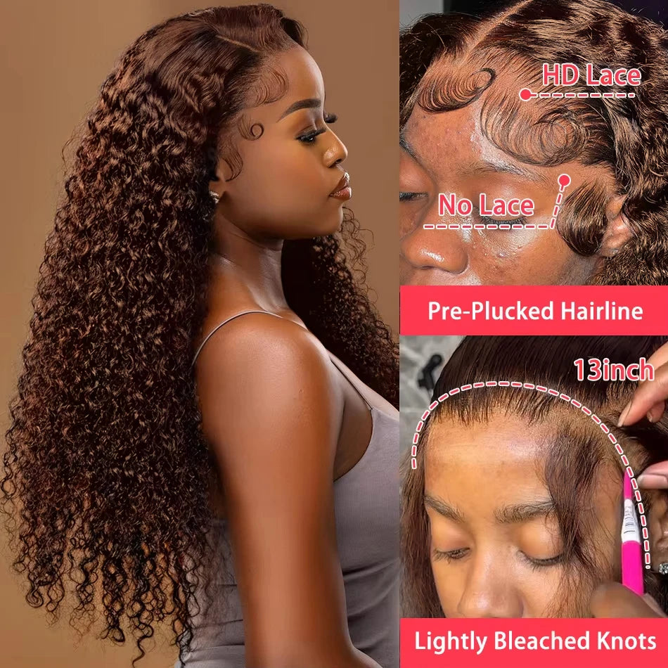 40 30 Inch Chocolate Brown Deep Wave Lace Front Wigs Human Hair #4 Colored 13x4 13x6 Hd Curly Lace Frontal Wigs Pre Plucked