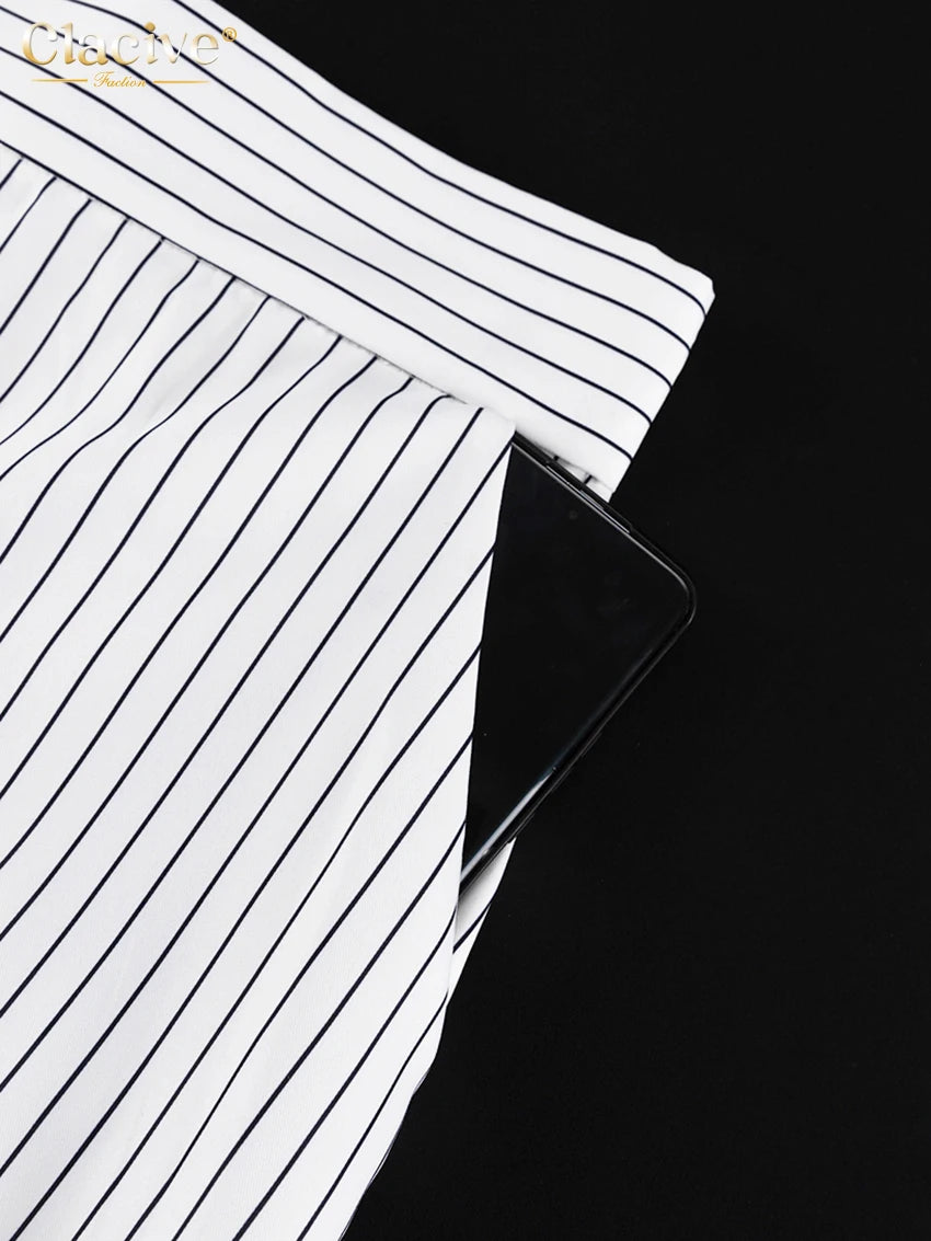 Clacive Fashion Long Sleeve Crop Top 2 Piece Sets Women Elegant Slim Stripe Print Skirts Set Casual High Waist Long Skirt Suits