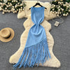 Sexy Backless Knit tassel High Waist Pleated Dress Casual A-line Dress Beach Vestidos Women Evening Party