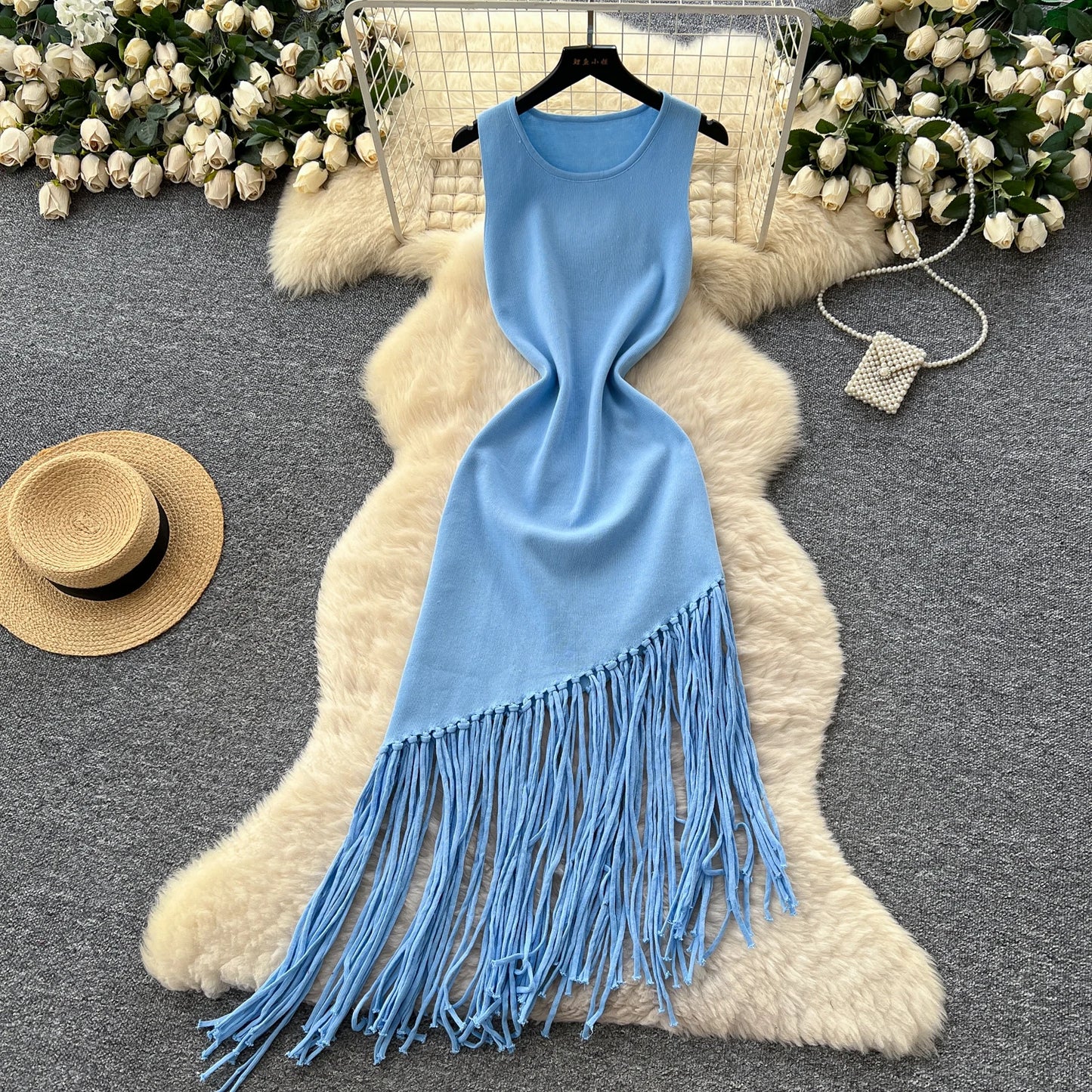 Sexy Backless Knit tassel High Waist Pleated Dress Casual A-line Dress Beach Vestidos Women Evening Party
