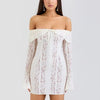 Mozision Blumen-Spitzen-Off-Shoulder Maxikleid für Damen, weiß, trägerlos, rückenfrei, langärmlig, Bodycon, Club, Party, sexy langes Kleid