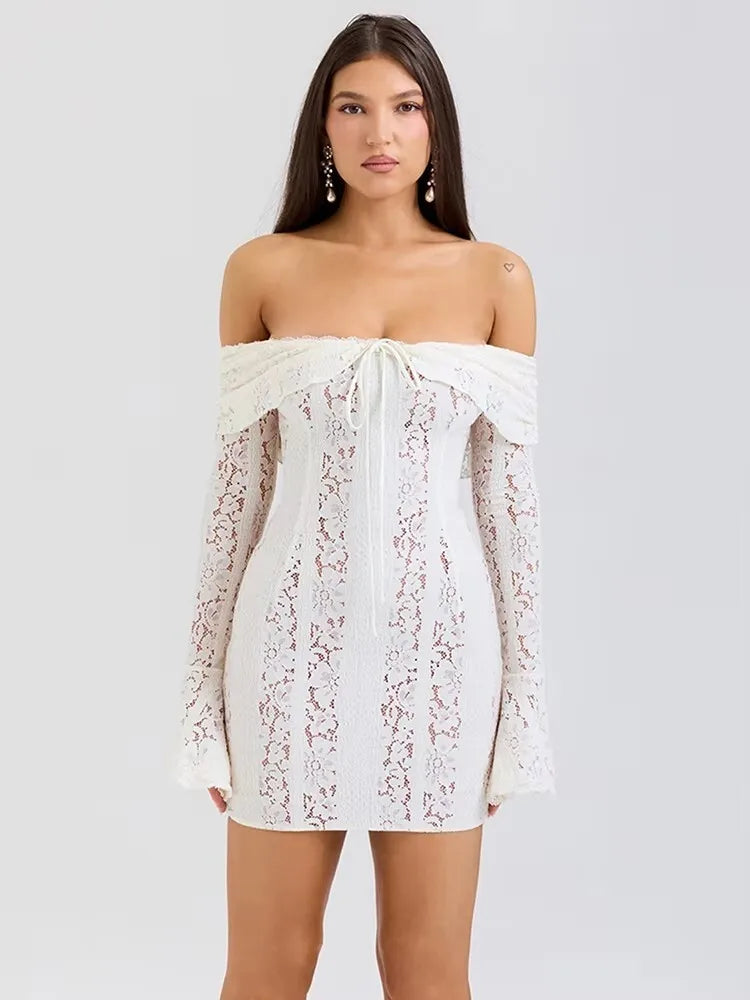 Mozision Blumen-Spitzen-Off-Shoulder Maxikleid für Damen, weiß, trägerlos, rückenfrei, langärmlig, Bodycon, Club, Party, sexy langes Kleid
