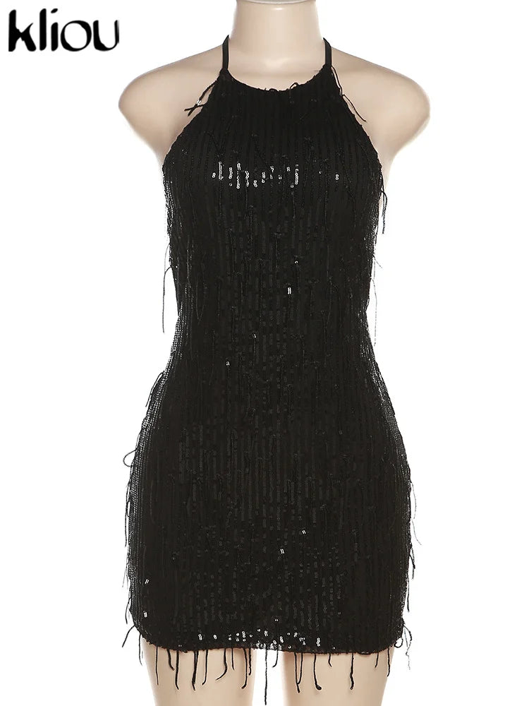 Kliou Tassel Patchwork Shiny Mini Dress Women Halter Bandage Stunning Backless Sleeveless Skinny Vestido Female Party Clubwear