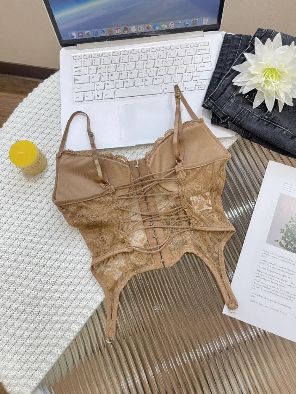 V-Neck Sexy Lace Corset Top Slim Fit Push Up Hollow Suspender Vest Adjustable Straps Off Shoulder Breathable Mesh Vest Travel