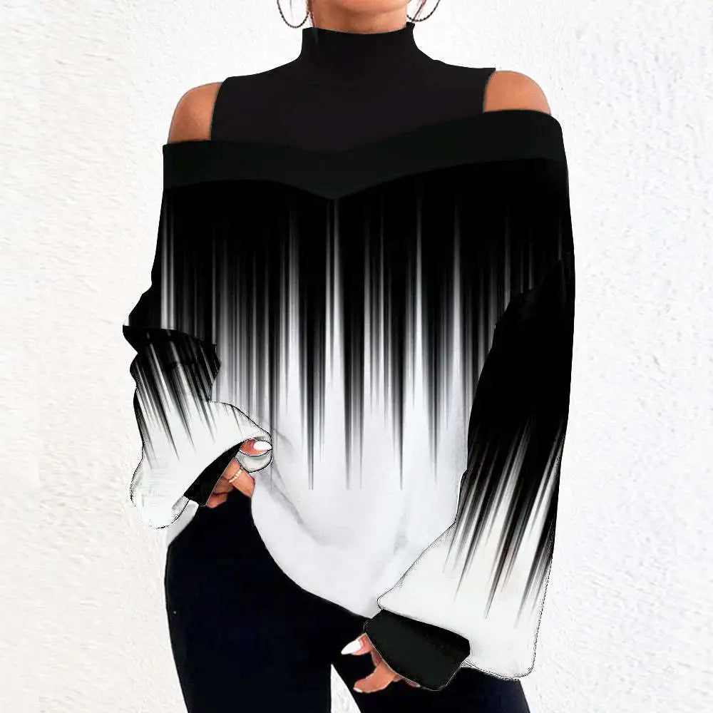 2024Damen Langarm Rollkragenpullover Damen Sexy schulterfrei ausgehöhlte lockere bedruckte T-Shirts 2024 Herbst Mode T-Shirt Top