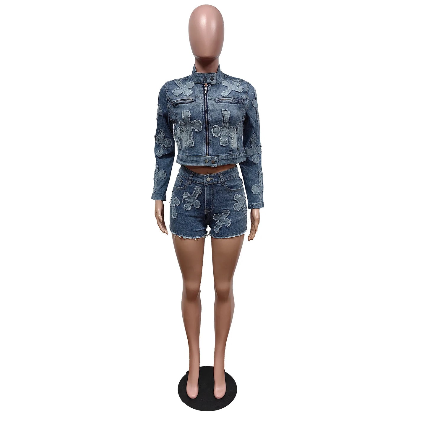 FAGADOER Fashion Denim Embroidery Shorts Two Piece Sets Women Zipper Long Sleeve Coat And Shorts Outfits Female Cowboy 2pcs Suit