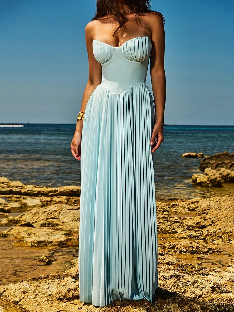 Mozision schulterfreies, rückenfreies, plissiertes Maxikleid für Damen, modisch, trägerlos, ärmellos, hohe Taille, eng anliegend, sexy, langes Kleid