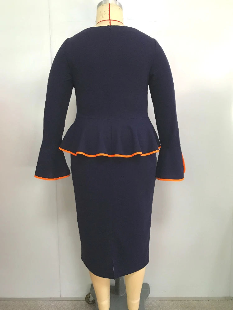 Elegantes Damen-Bürokleid, Rundhals, Rüschenkante, Langarm, Formelles Business, Farbblock, A-Linien-Berufskleidung, Neuer Stil