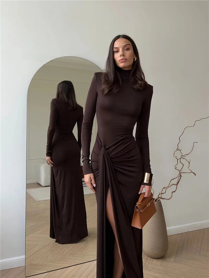 Mozision Rollkragen Oberschenkelhohes Schlitz Sexy Maxikleid für Damen Mode Langarm Drapierte Bandage Bodycon Club Langes Kleid