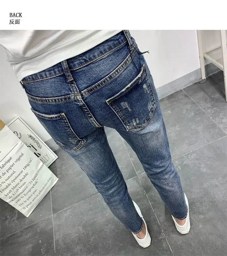 Men's Korean Style Classic Jeans 2023 New Blue Ripped Jeans for Men Fashion Trendy Summer Skinny Ripped Hole Cargo Trousers