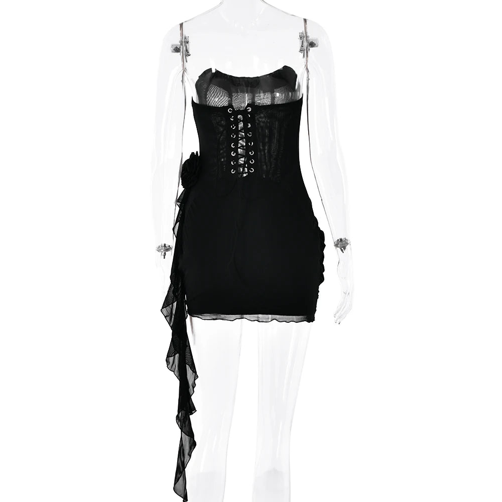Articat Sexy Trägerloses Bandagenkleid, Zweilagiges Mesh-Patchwork, Damen, Transparent, Blumen-Bänder, Vestidos, Party, Clubwear