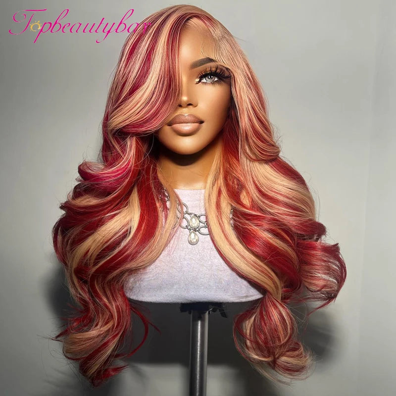 Rot und Blond Farbe Peruanische 13X4 Lace Front Echthaarperücken für Frauen Pre-Plucked 180% Remy Wavy Rot Highlight Farbe Perücken