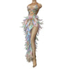 Nightclub Party Celebration Sexy Feather Rhinestone Dress Women Elastic Sleeveless Prom High Slit Dress Stage Performance Outfit