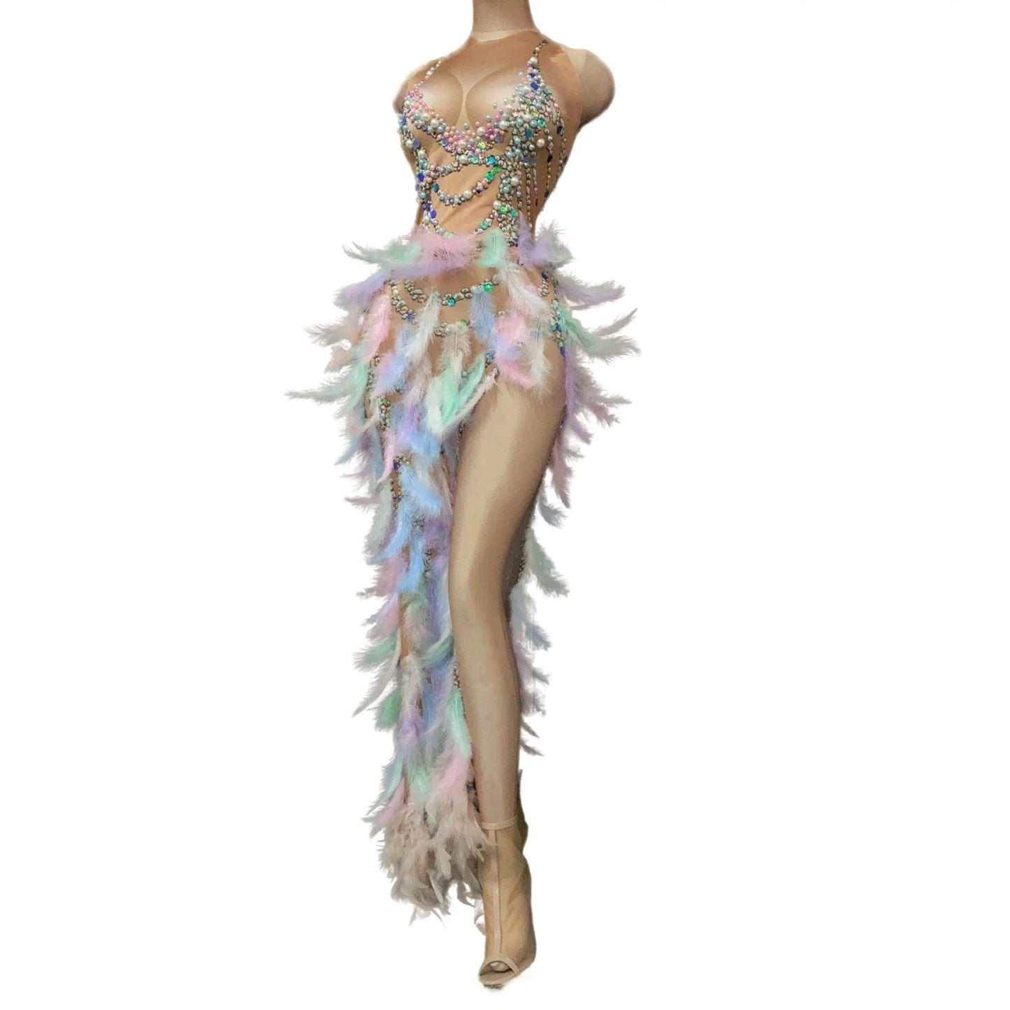 Nightclub Party Celebration Sexy Feather Rhinestone Dress Women Elastic Sleeveless Prom High Slit Dress Stage Performance Outfit