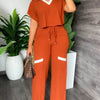 Elegant Women's Casual Short Sleeve T-shirt Sports Suit Summer Fashion Solid V Neck Short Top & Straight Pants Two Piece Sets