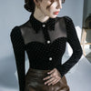 Black Vintage Doll Collar Polka Dot Gold Velvet Top Women's Autumn and Winter Gauze Splicing Perspective Sexy T-shirt