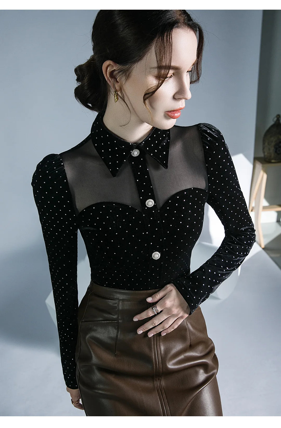 Black Vintage Doll Collar Polka Dot Gold Velvet Top Women's Autumn and Winter Gauze Splicing Perspective Sexy T-shirt