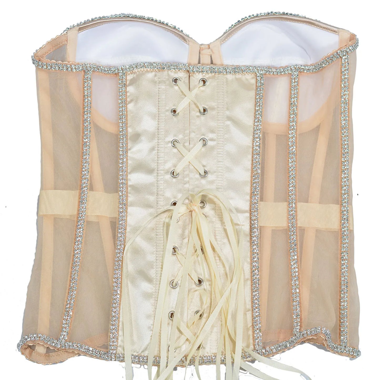 Women Abdomen Corset Crops with Bra Shiny Rhinestone Transparent Breathable Mesh Hand Made Bodices Push Up Bustiers Custom Made