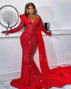 Sparkling Red Long Prom Dreses Mermaid Beaded Lace With Shawl Evening Gown Birthday Wedding Party Gala Dresses Customized