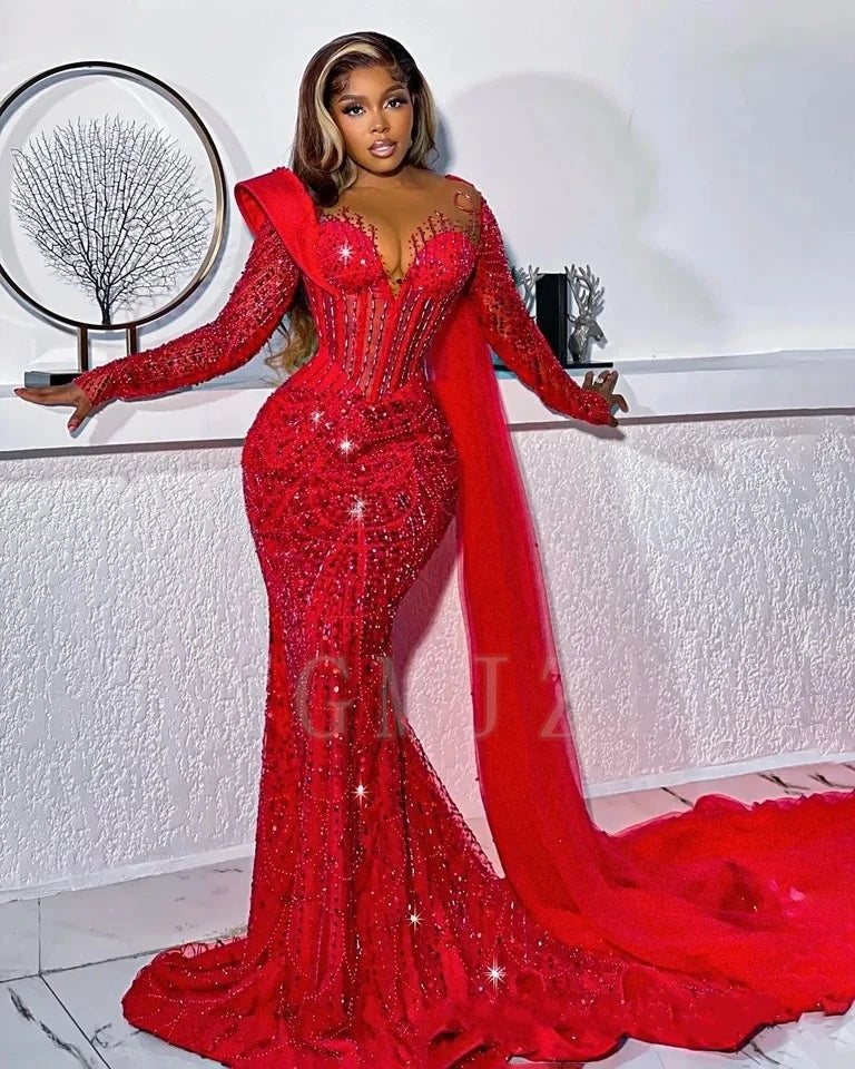 Sparkling Red Long Prom Dreses Mermaid Beaded Lace With Shawl Evening Gown Birthday Wedding Party Gala Dresses Customized