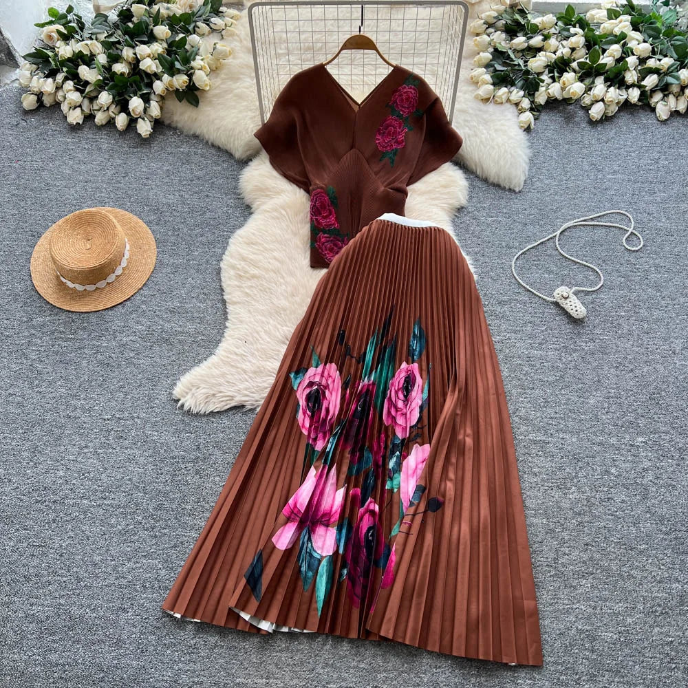 Two Pieces Women Dress Sets Solid Matching Sets V Neck Printing Top High Waist Pleat Dress Loose Fit Casual 2025 Autumn Winter