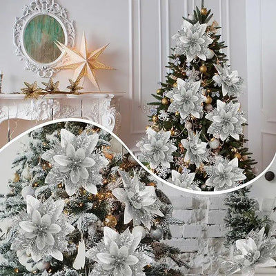 Silber Glitzer Weihnachtsblumen Silberner Weihnachtsbaum Künstliche Blumen Ornamente Frohe Weihnachten Dekoration für Zuhause Party Neujahr